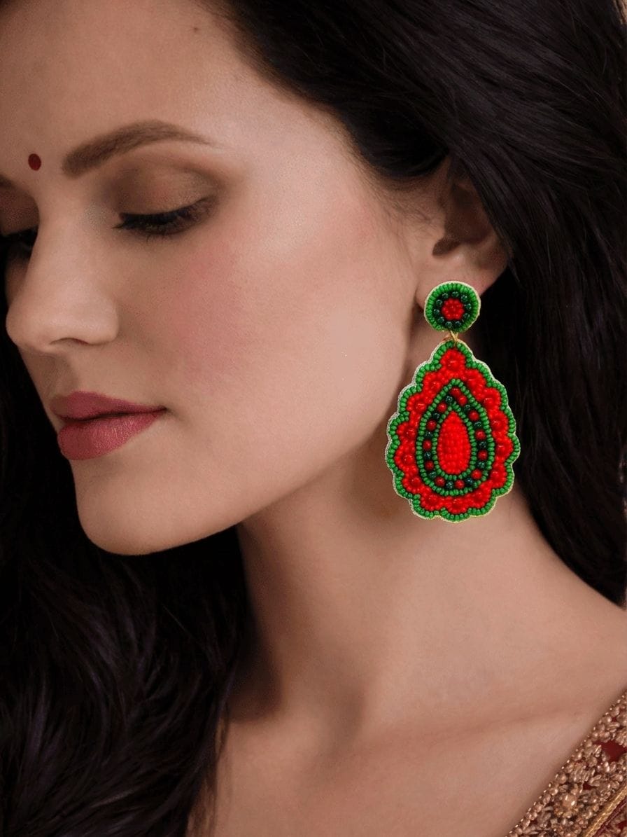 Red-Green Beaded Party Wear Earrings for Women