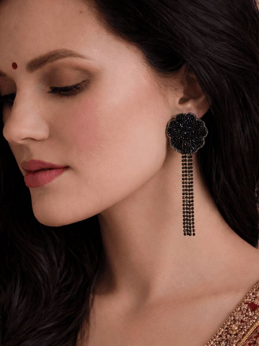 Black Beaded Flower Tassel Earrings for Women/Girls