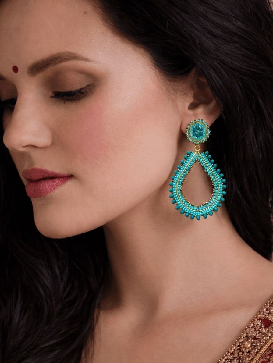 Handmade Green Beaded Dangler Earrings for Girls & Women