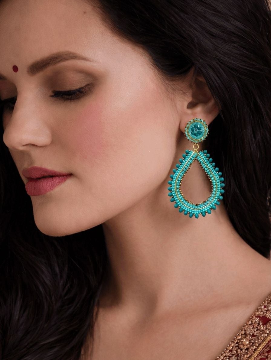 Handmade Green Beaded Dangler Earrings for Girls & Women