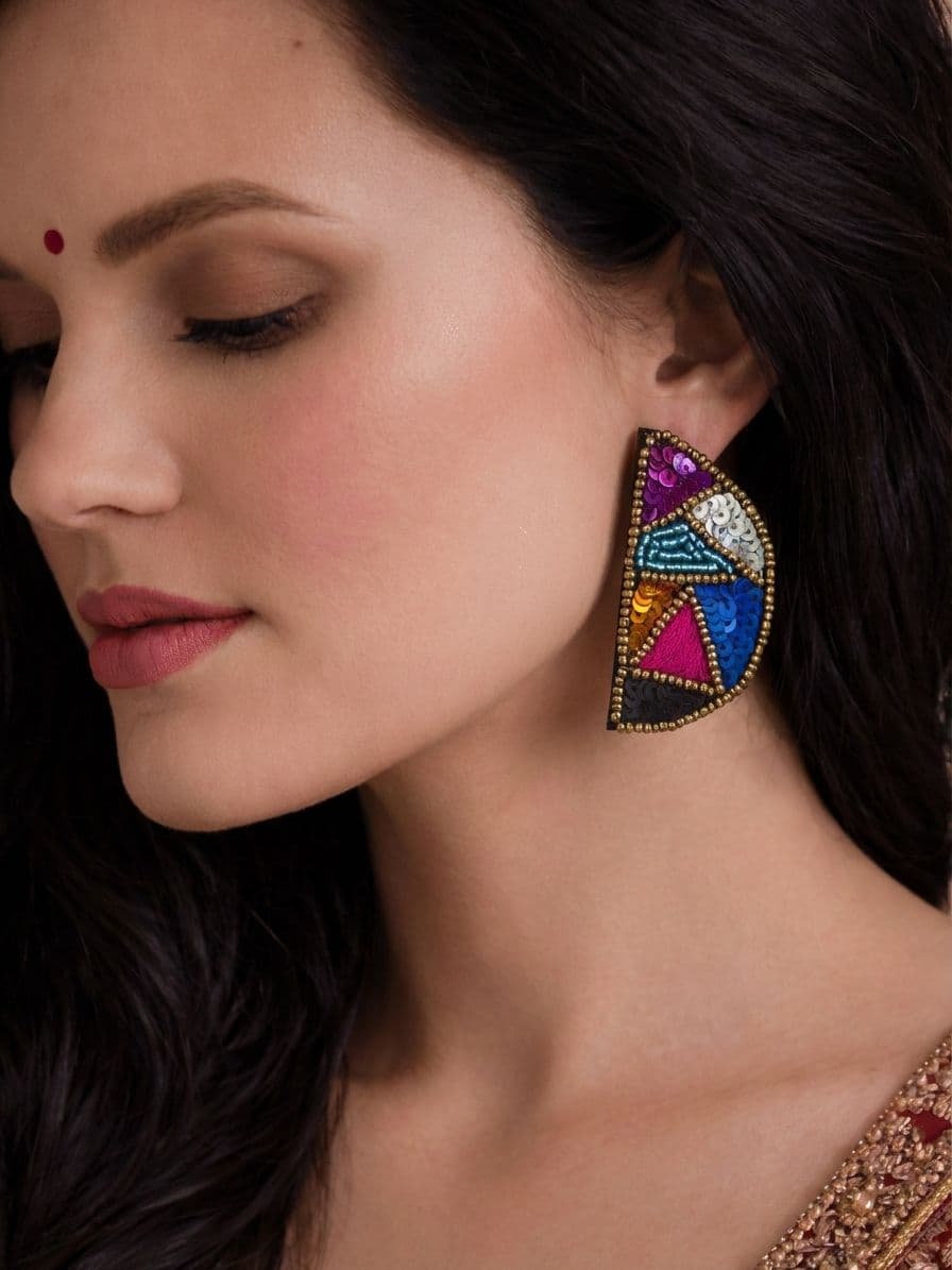 ARDHEarrings - Quirky Handmade Multicolored Beaded Half Moon EMBROIDERED Earrings