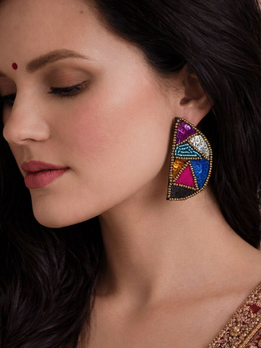 ARDHEarrings - Quirky Handmade Multicolored Beaded Half Moon EMBROIDERED Earrings