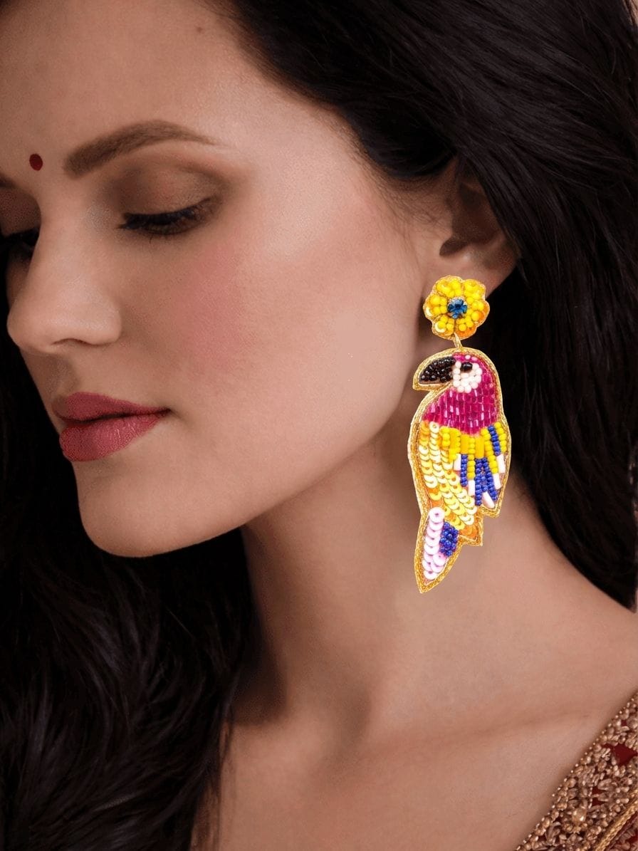 Pink Handmade Beaded Parrot Earrings for Girls