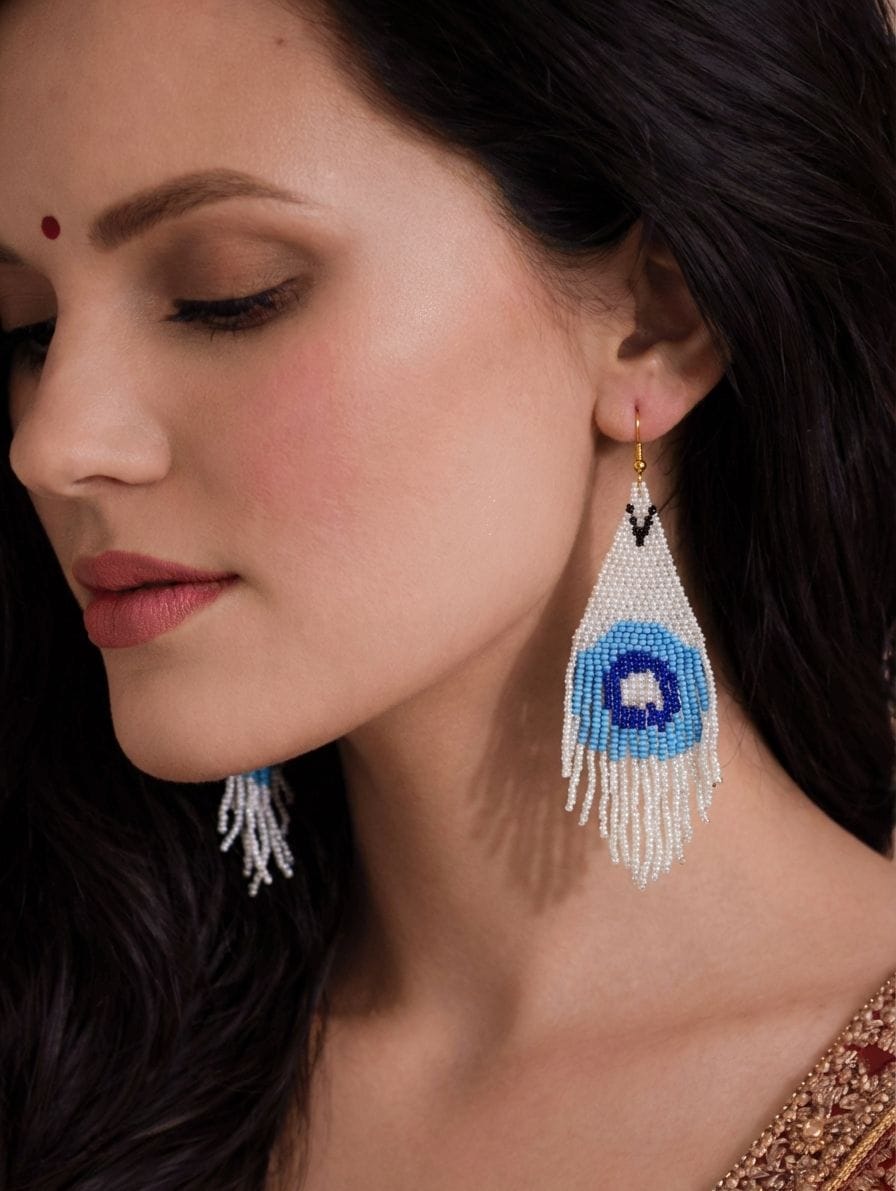 Handmade Peacock Design White-Blue Beaded Tassel Earrings