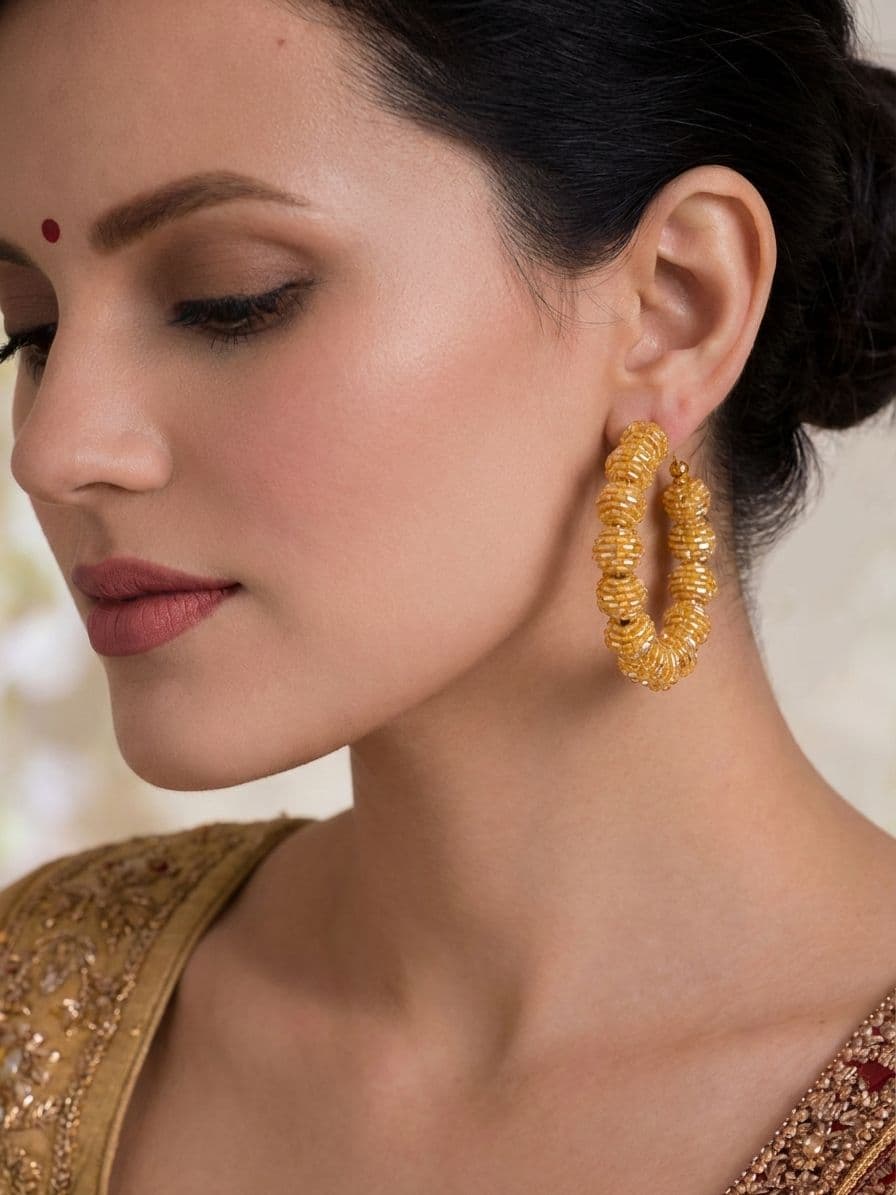 Crunchy Fashion Designer Gold-Plated Handmade Beaded Balls Big Hoop Earrings CFE1671