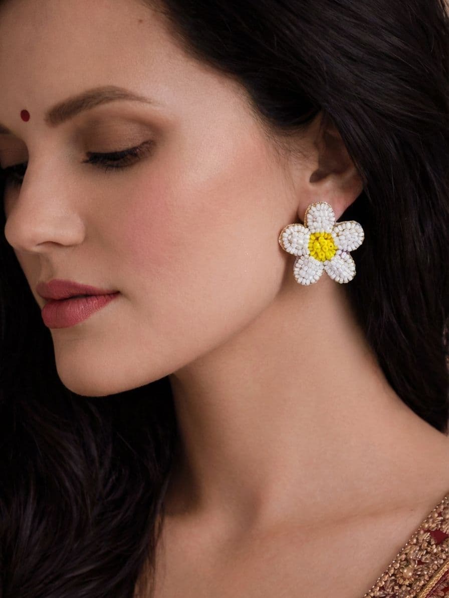 Handmade White Beaded Stud Earrings