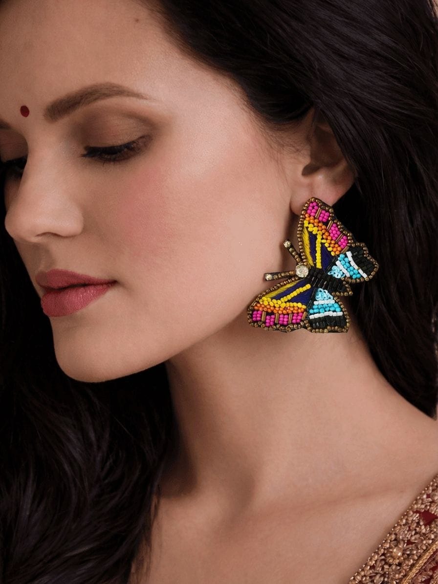 Butterfly Earrings - Quirky Handmade Multicolored Beaded Butterfly Stud Earrings