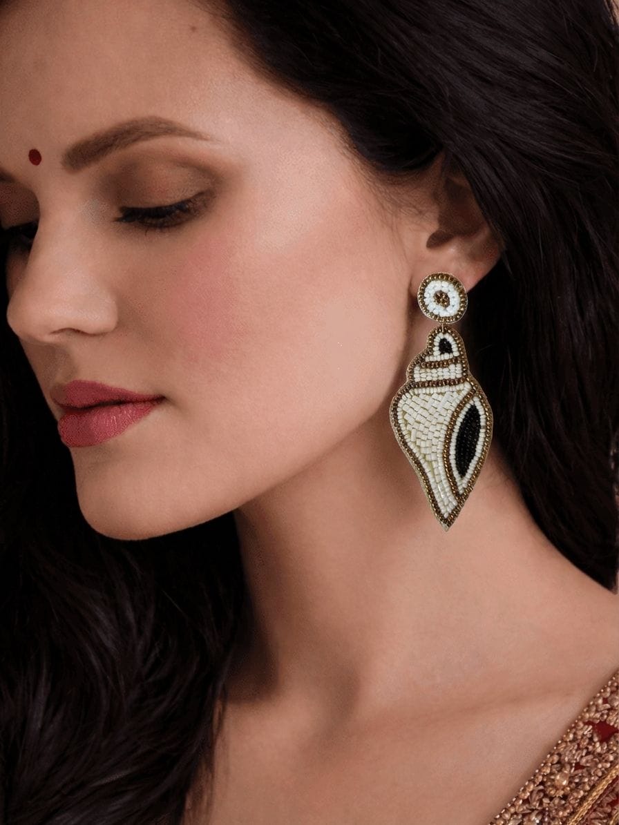 Shankha Earrings-White-Gold Handmade Beaded Shiv Shankha Earrings for Women