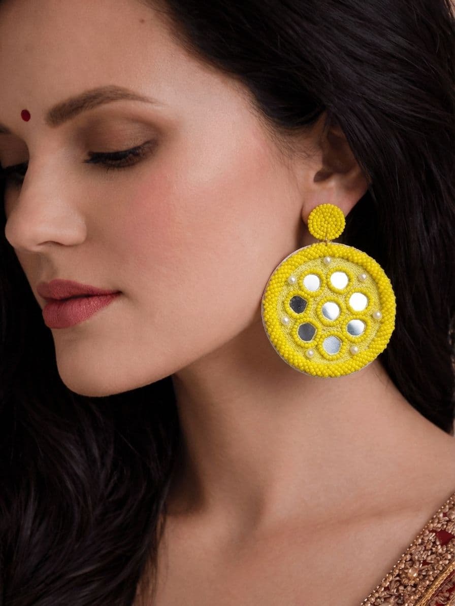 Mirror Work Yellow Handcrafted Beaded Earrings for Women