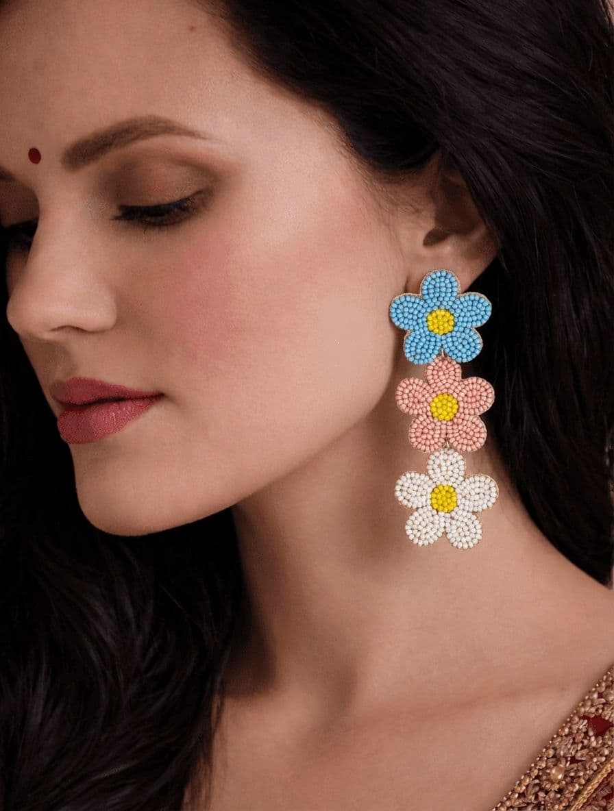 Handmade Cascaded Bloom Beaded Flower Earrings - Multicolor Jewelry