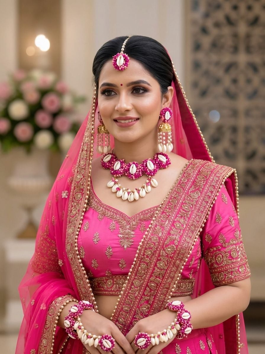 Handmade Hot Pink Pearl & Cowrie Shell Bridal Set, Haldi Mehndi Design