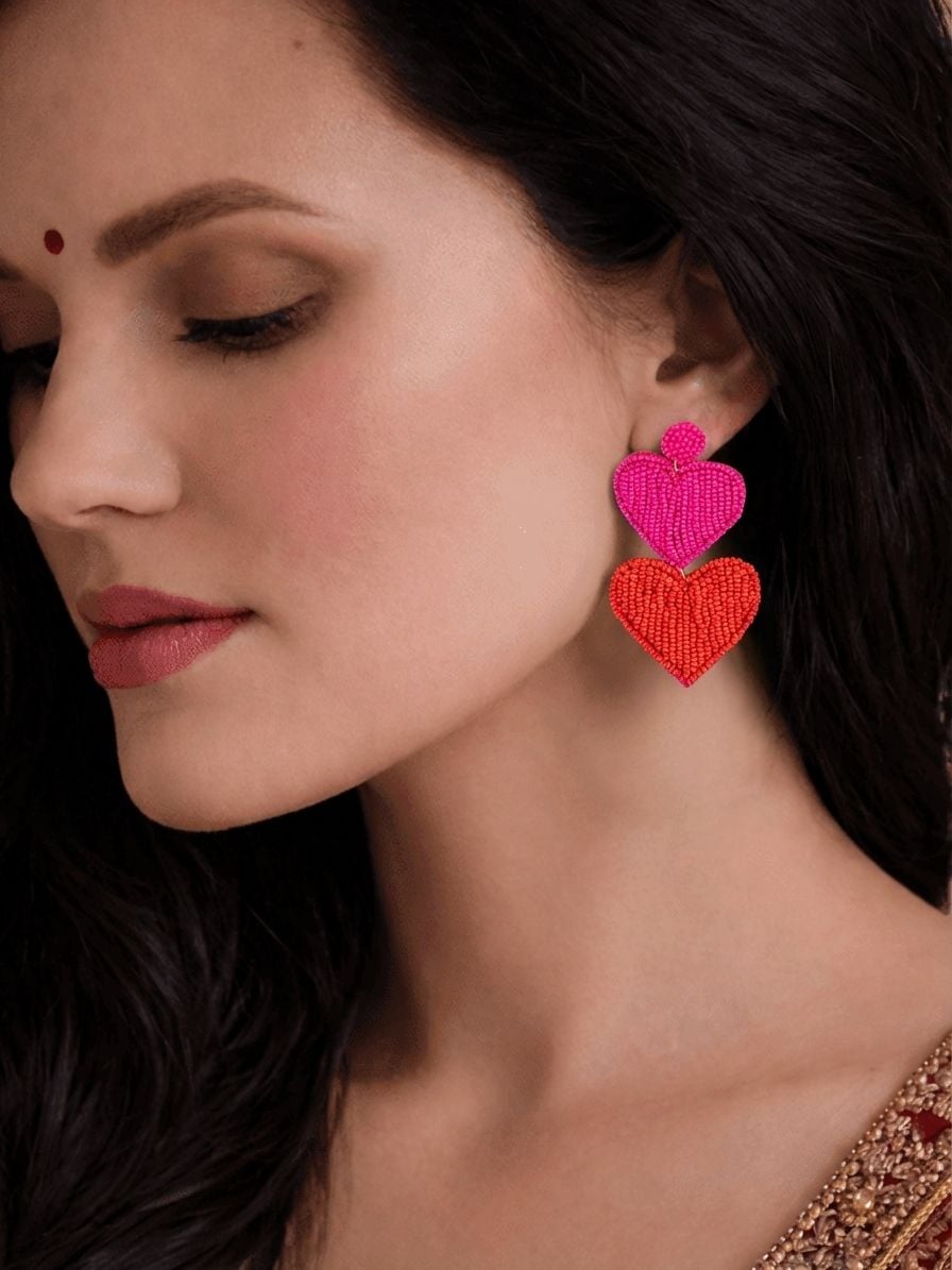 Red-Pink Double Heart Handmade Beaded Earrings