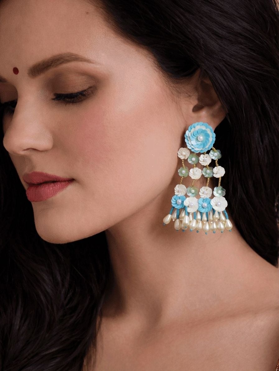 Blue-White Beaded Handmade Flower Earrings for Women