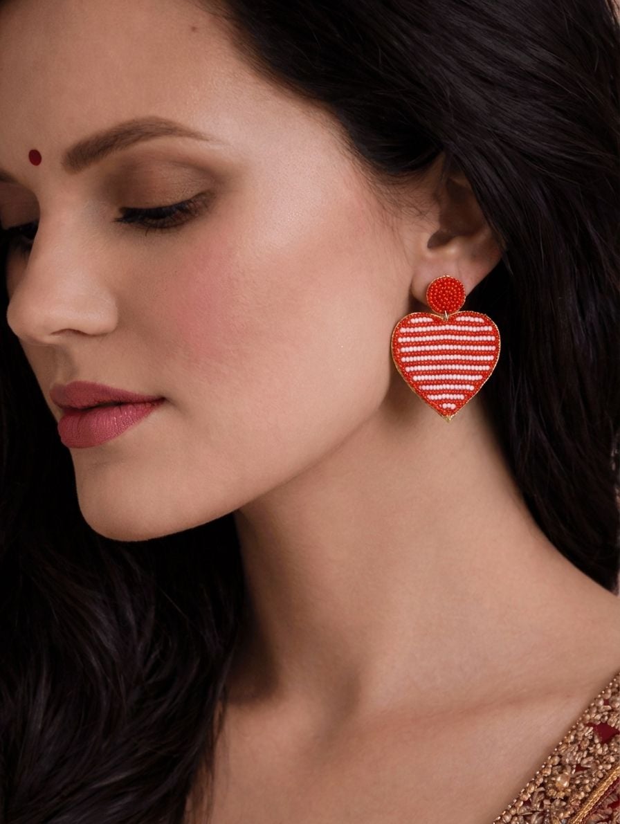 Red-White Heart Beaded Earrings for Women