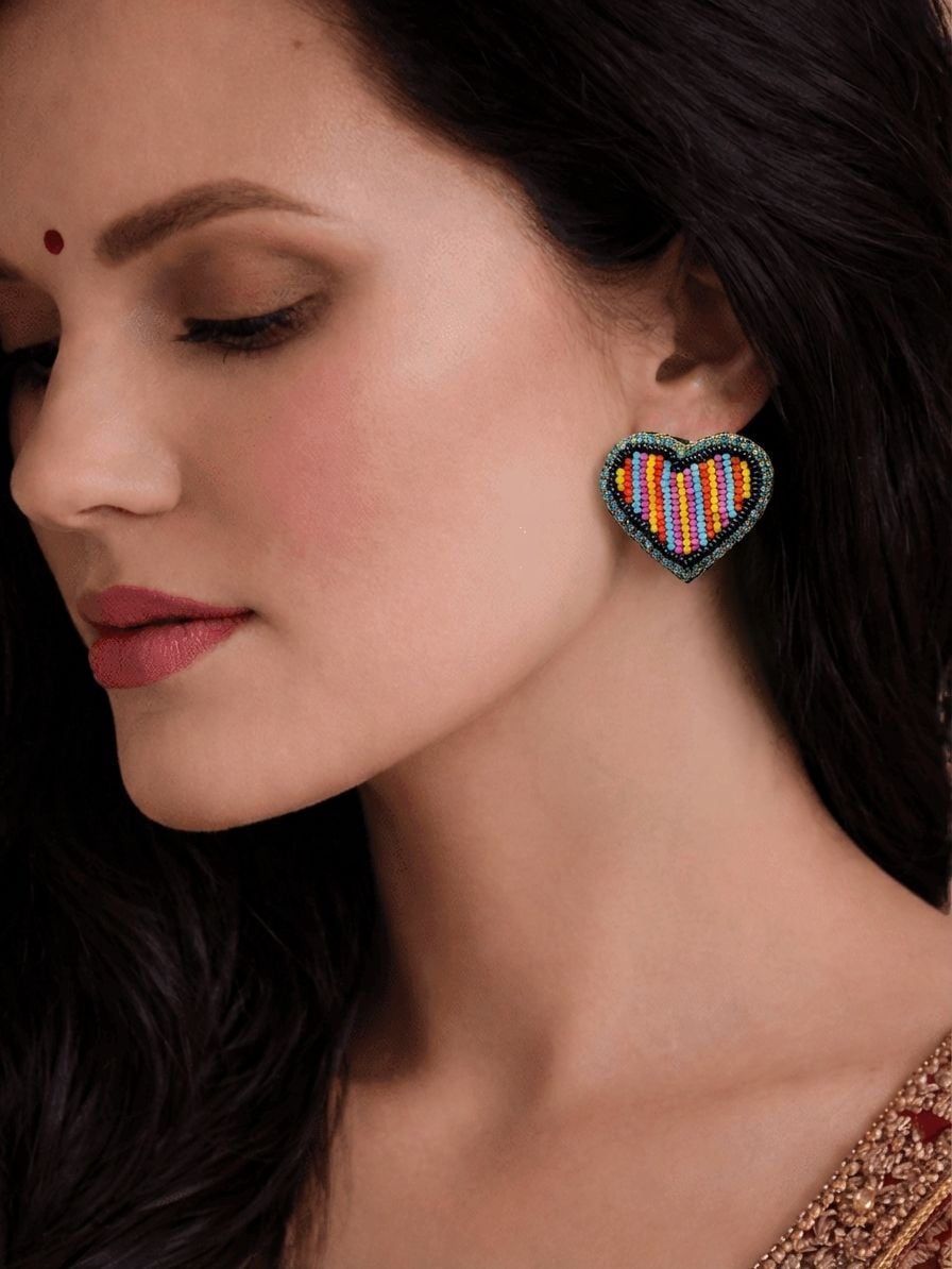 Multicolored Heart-Shaped Beaded Stud Earrings: Valentines Day Gift for Women and Girls