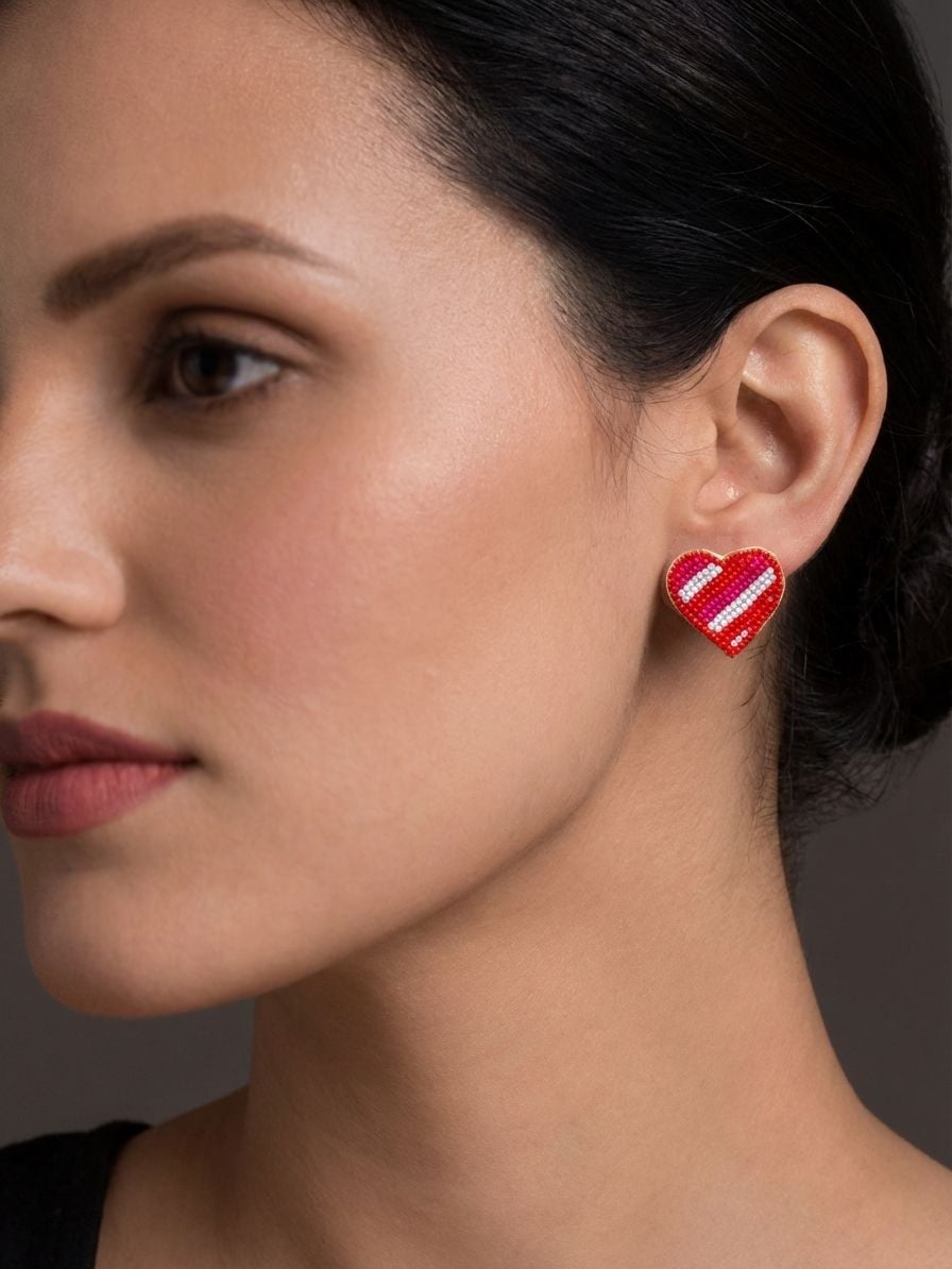 Red-White Heart Beaded Stud Earrings: Quirky Valentine's Day Gift for Her