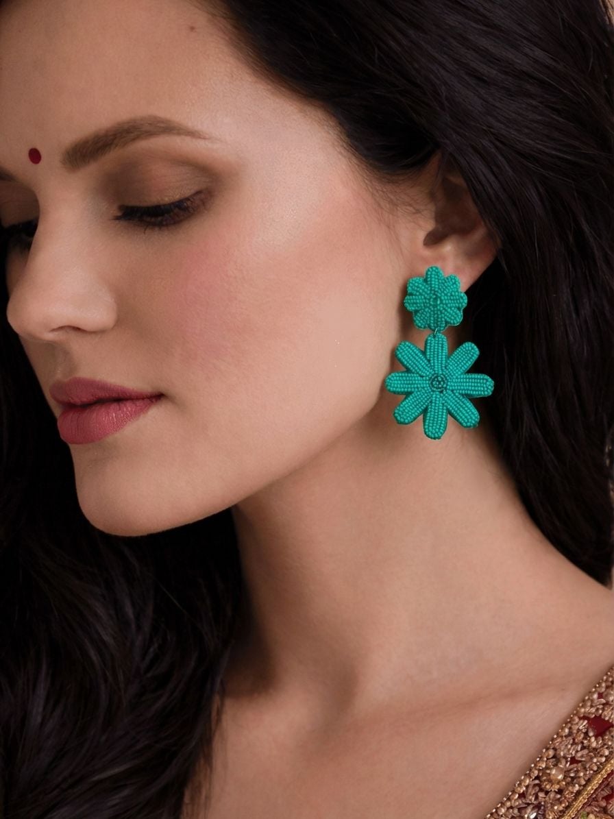 Handmade Green Beaded Floral Drop Earrings for Women and Girls