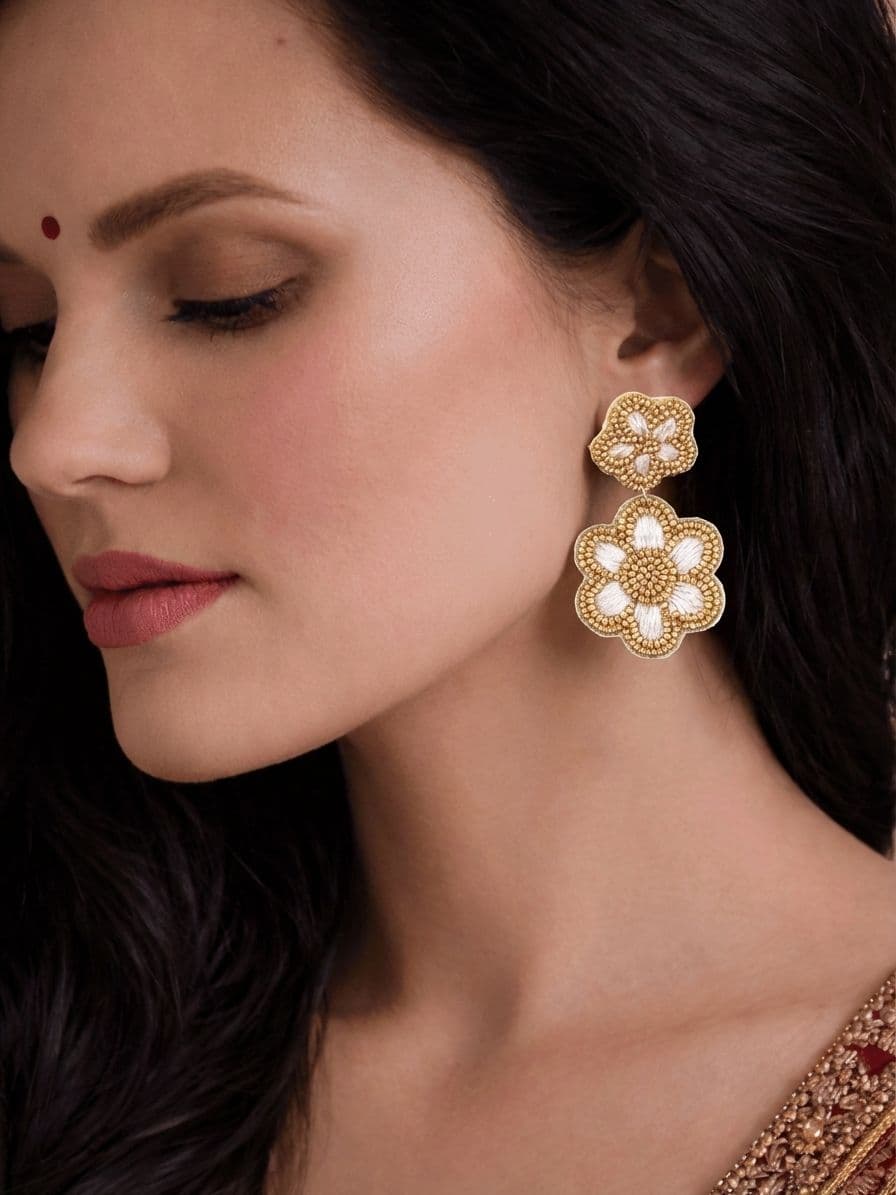 Ivory-Gold Floral Stud Earrings- Beaded Flower Earrings for Women & Girls