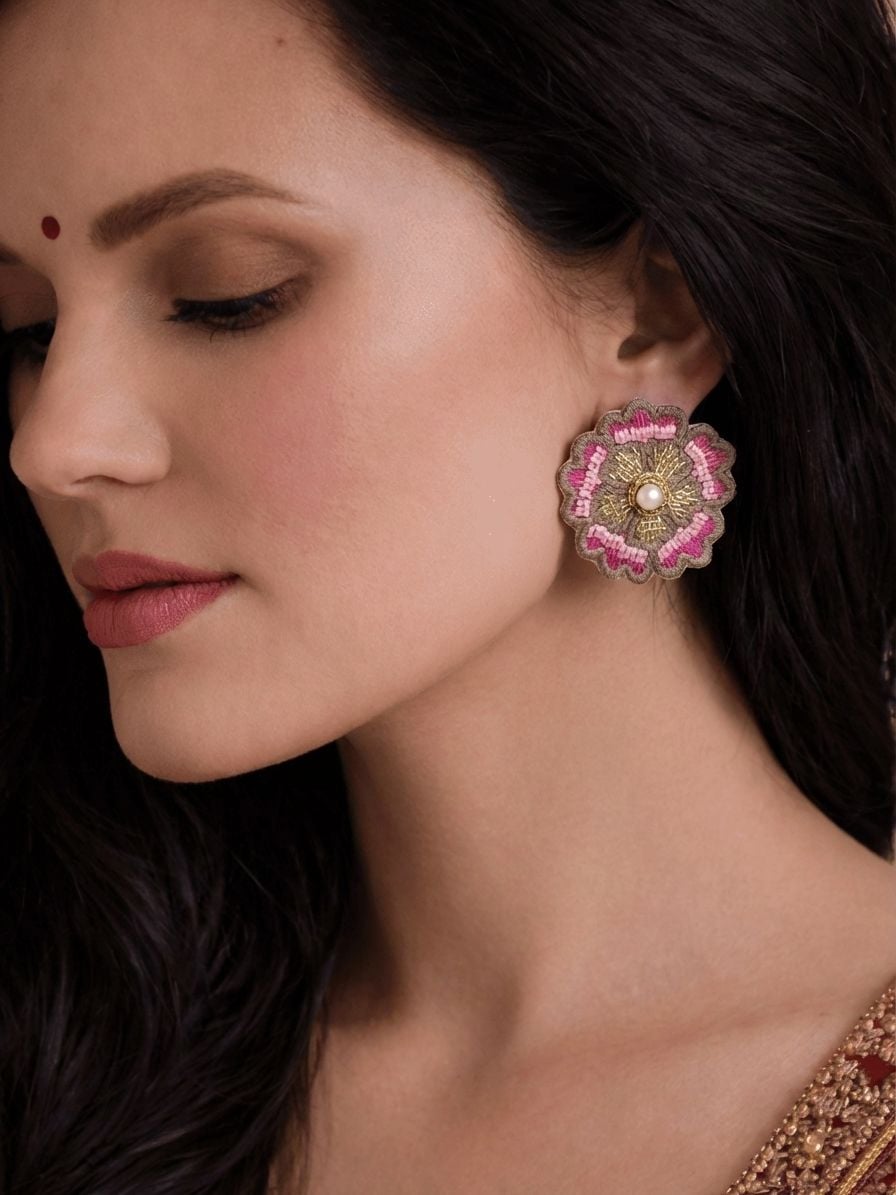 Pink-Gold Handmade Beaded Flower Earrings for Women & Girls