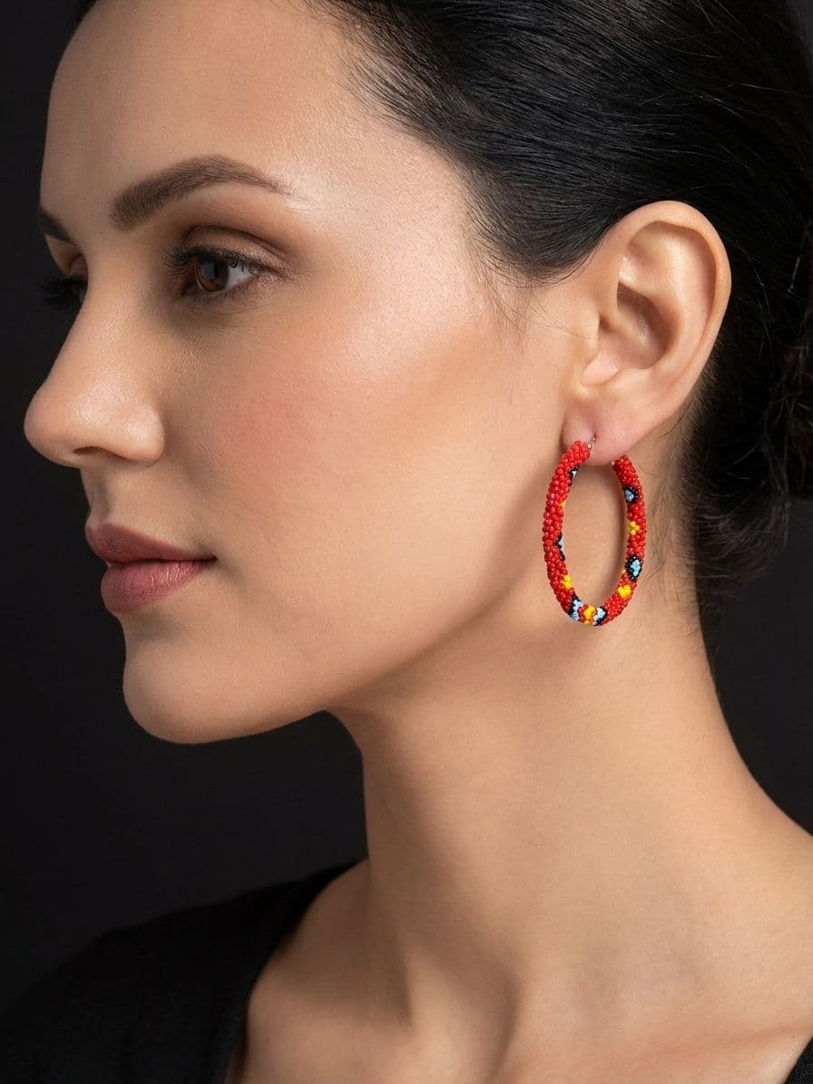 Lia Hoop Earrings- Handmade Red Beaded Hoop Earrings