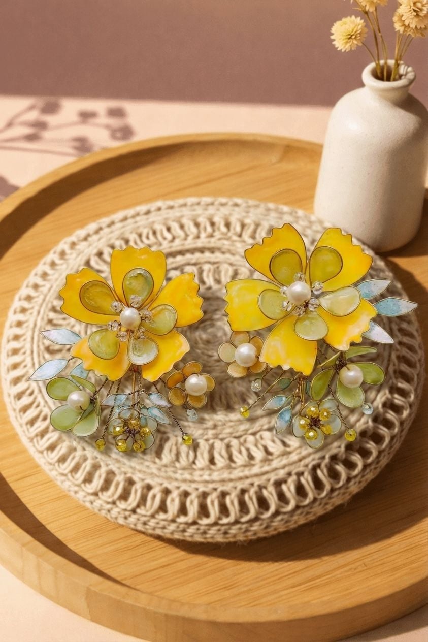 Yellow Floral Resin Pearl Earrings for Haldi Ceremony