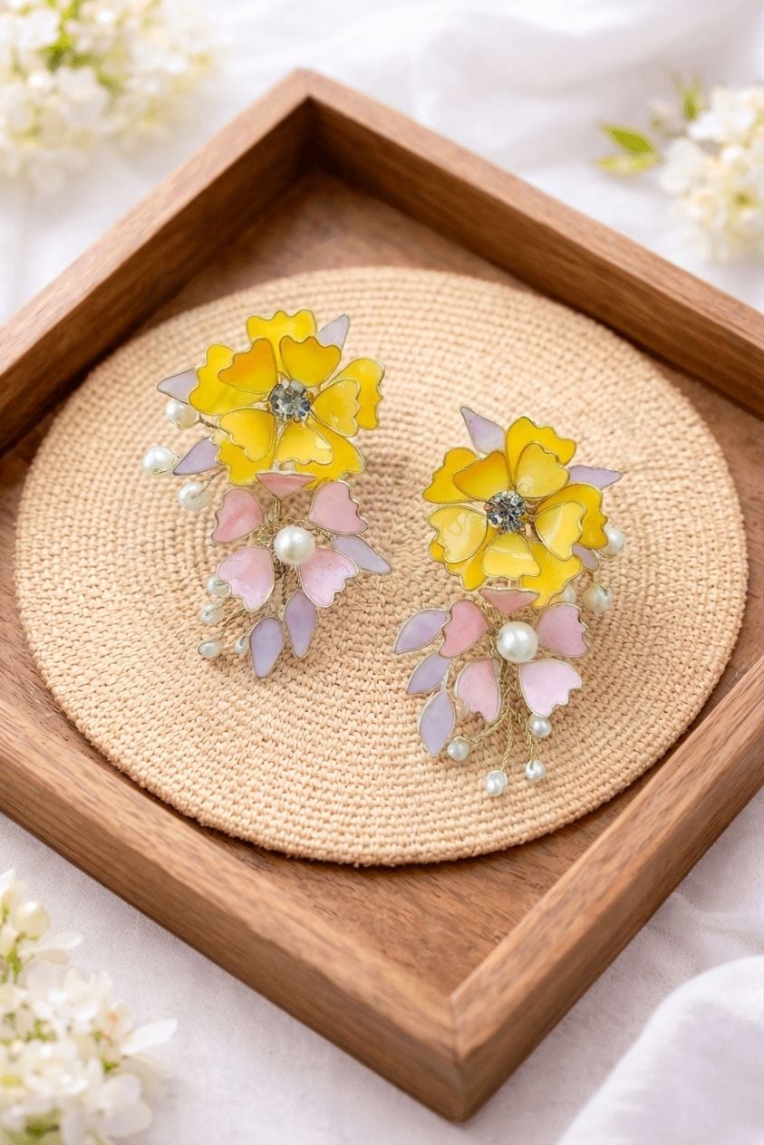 Yellow & Pastel Pink Floral Resin Pearl Earrings for Women