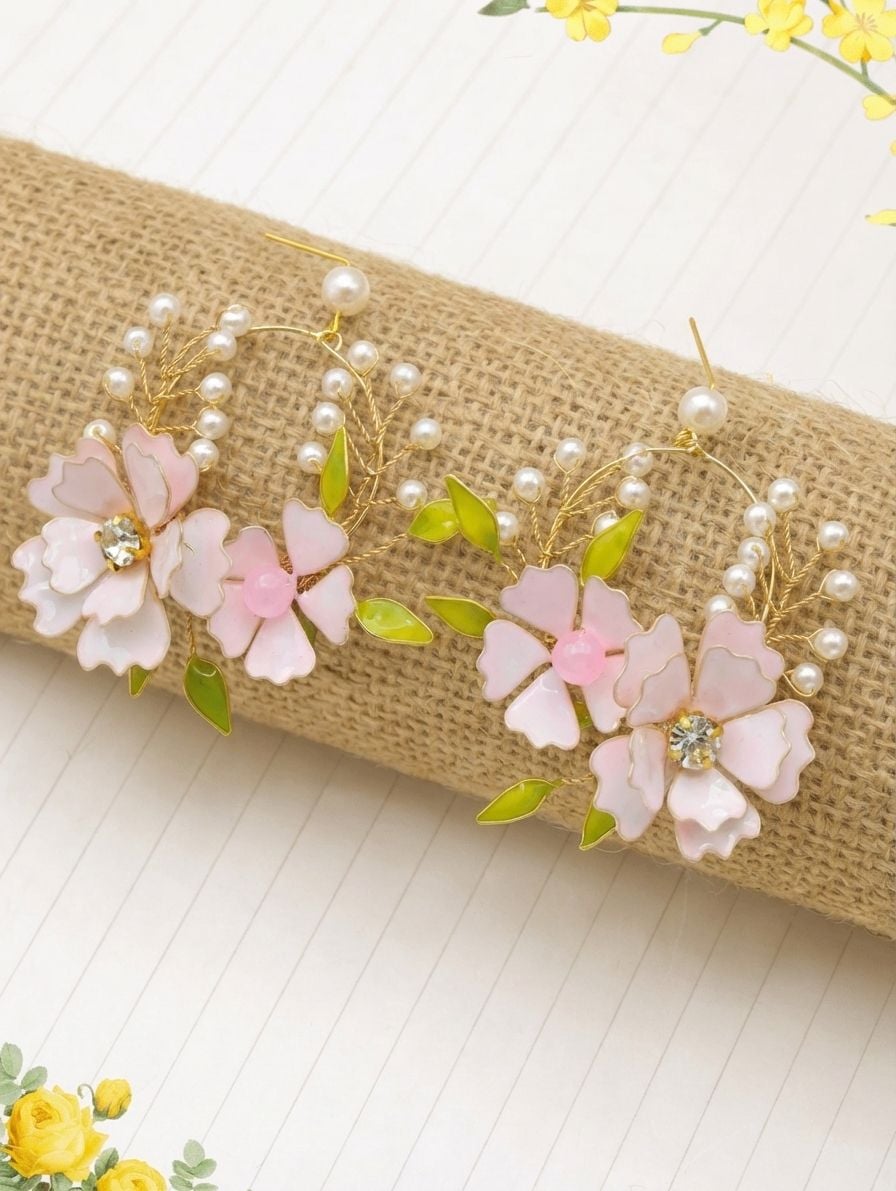 Blossom Bliss: Light Pink Floral Bridal Jewellery Set in Gold Plating