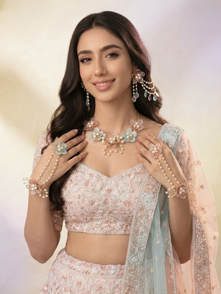 Powder Blue-Pink Floral Jewelry for Haldi-Mehndi