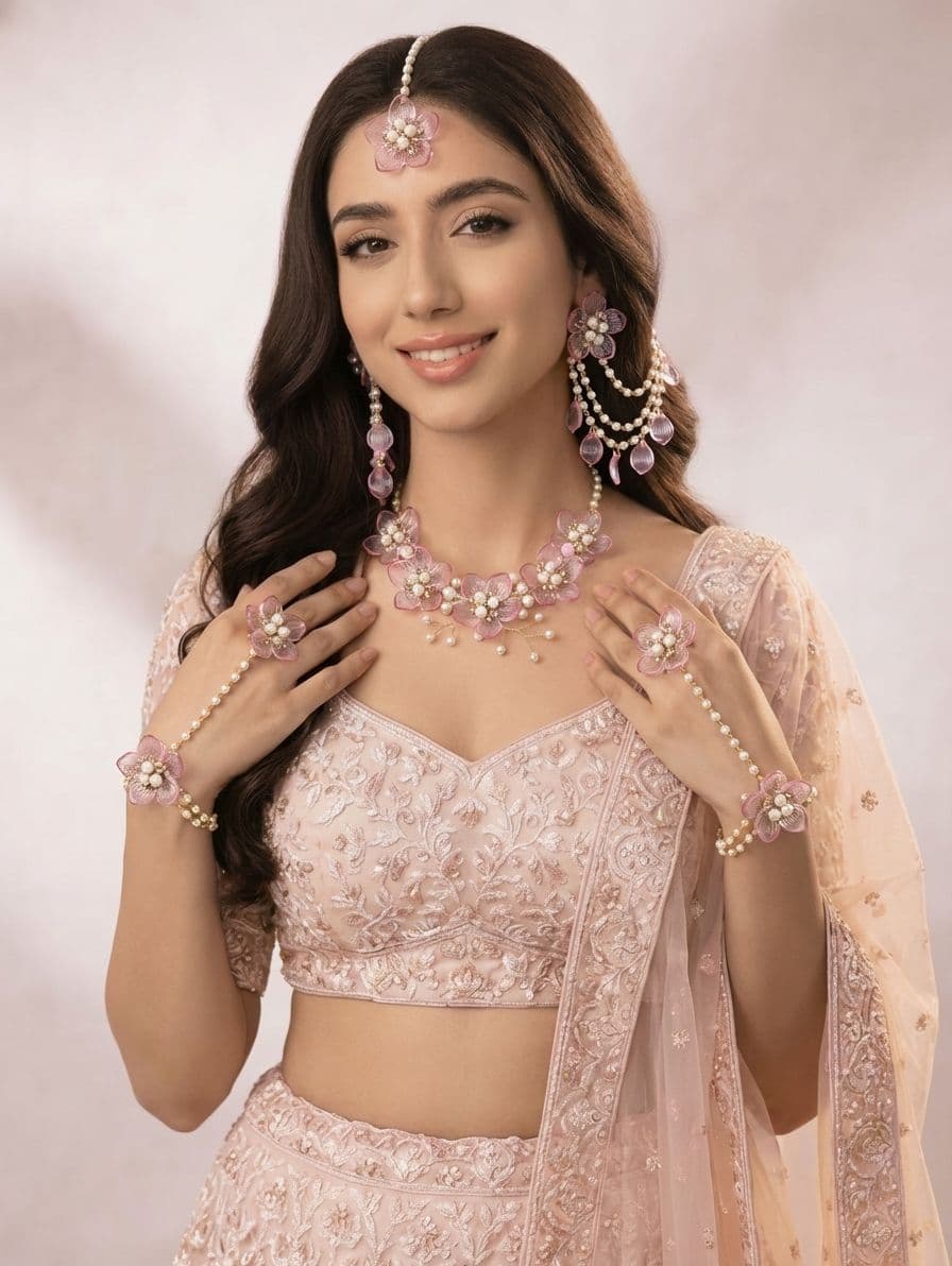 Powder Blue & Pink Floral Bridal Jewelry for Haldi-Mehndi