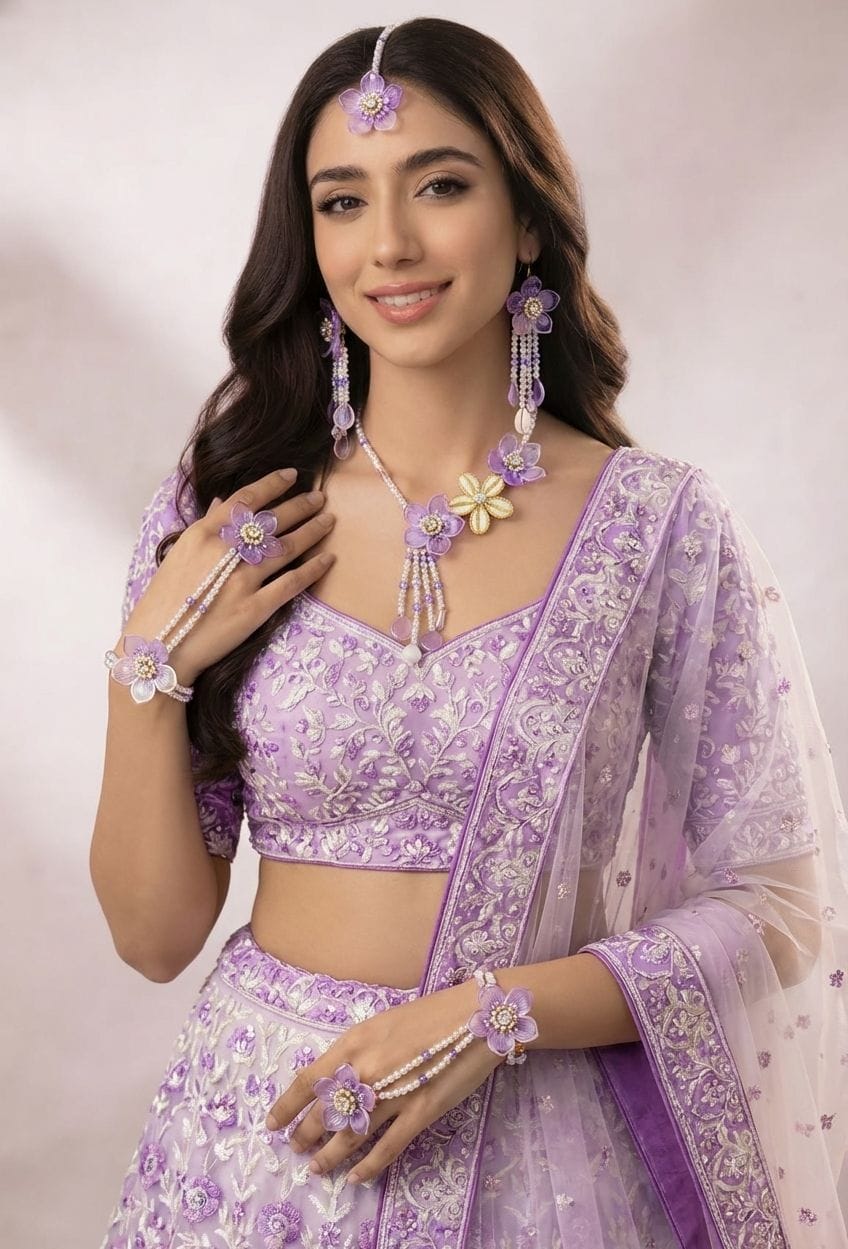 Lavender Floral & Sea Shell Bridal Jewellery Set for haldi mehndi