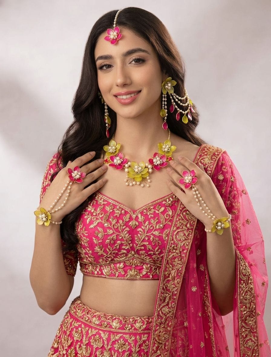 Designer Floral Haldi-Mehndi Bridal Jewellery Pink & Green