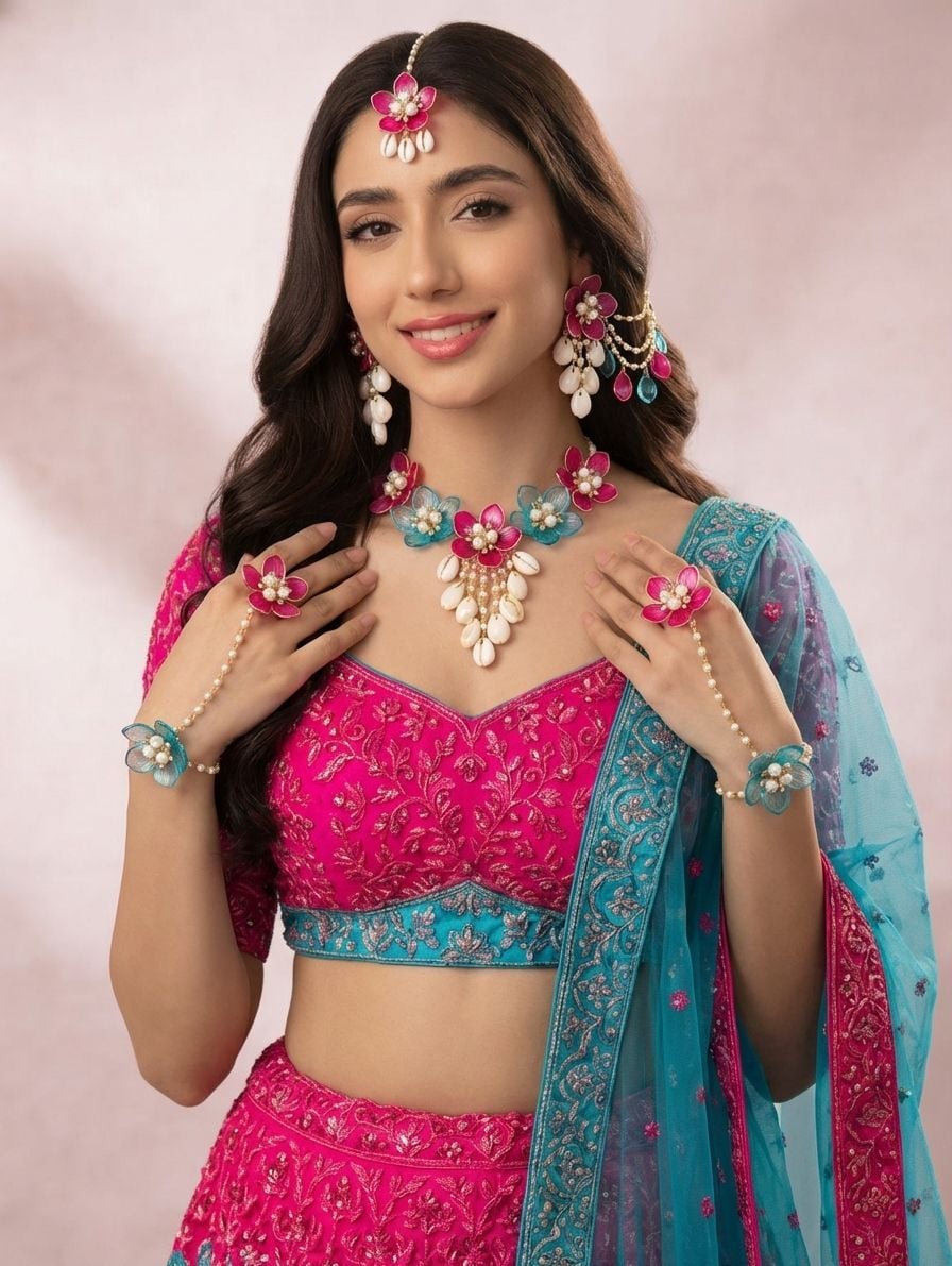 Bridal Bliss: Sky-Blue & Pink Resin Floral Jewellery for Haldi-Mehndi