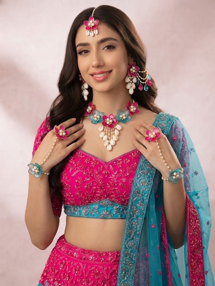 Sky-Blue & Pink Floral Jewellery for Haldi-Mehndi
