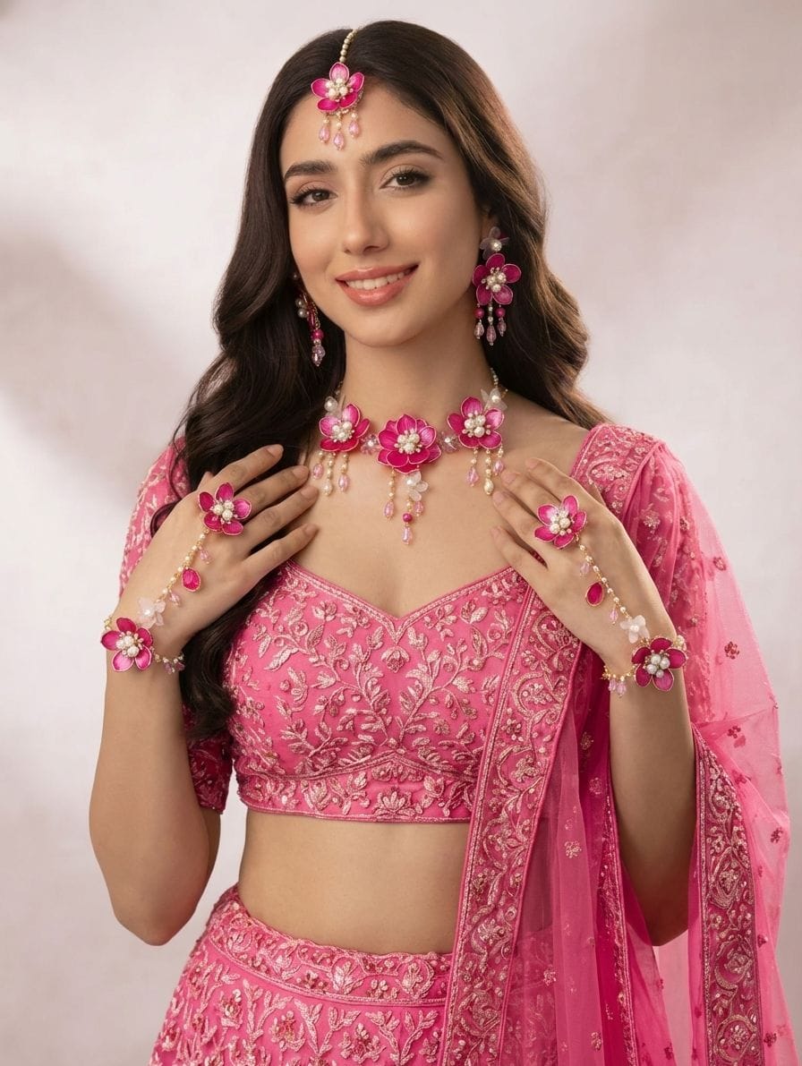 Pink Floral Acrylic Jewellery Set for Haldi-Mehndi carnivals
