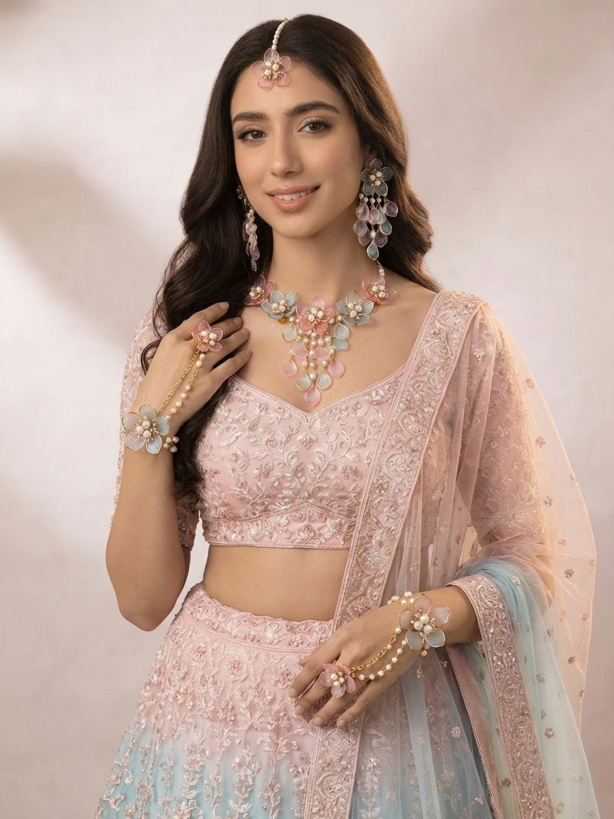 Blooming Bliss: Powder Blue & Pink Floral Bridal Set in Resin & Gold