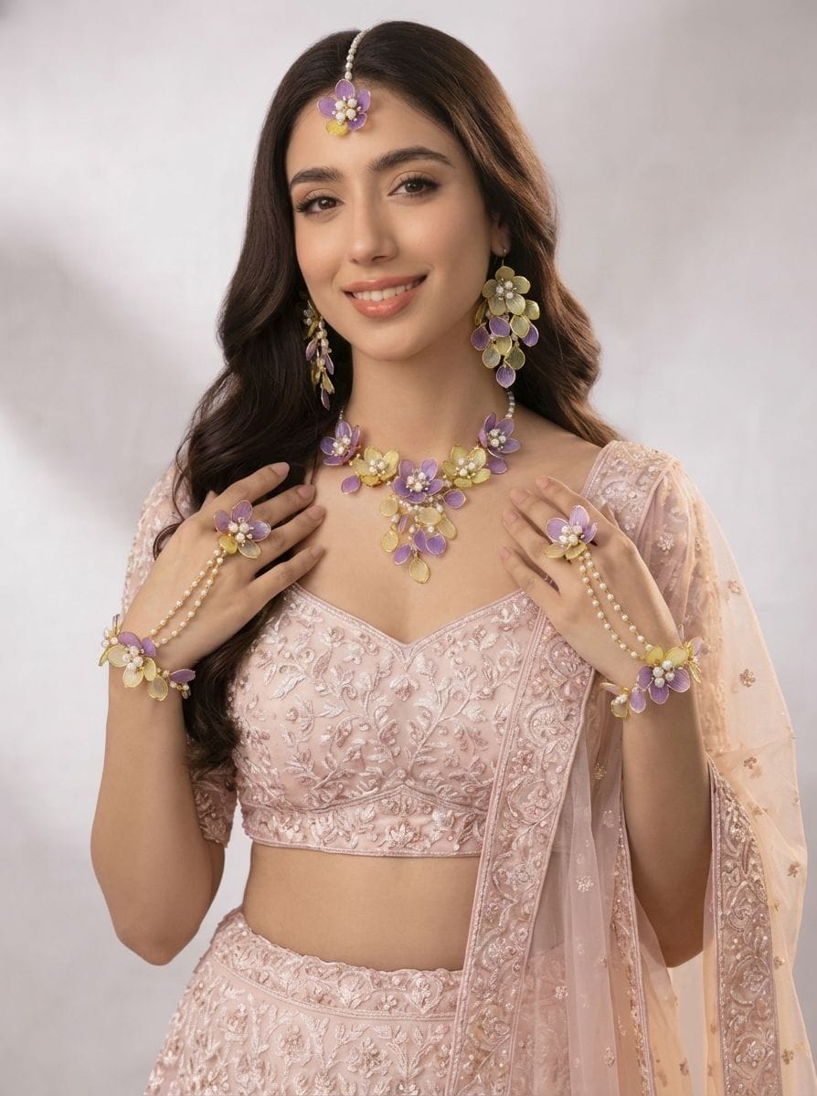 Resplendent Lavender-Yellow Floral Bridal Jewellery Set for Wedding Carnival
