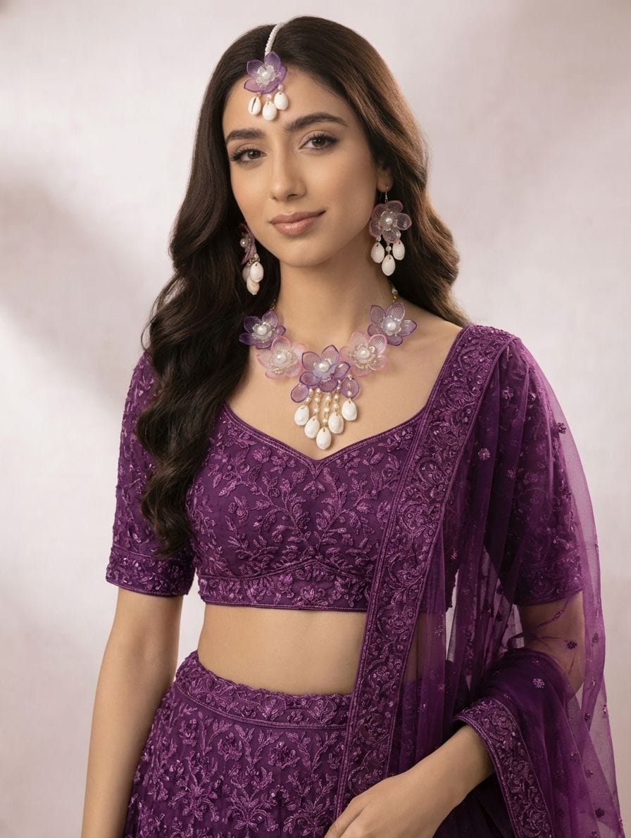 Lavender-Pink Delight: Floral Handmade Resin Carnival Bridal Jewellery Set