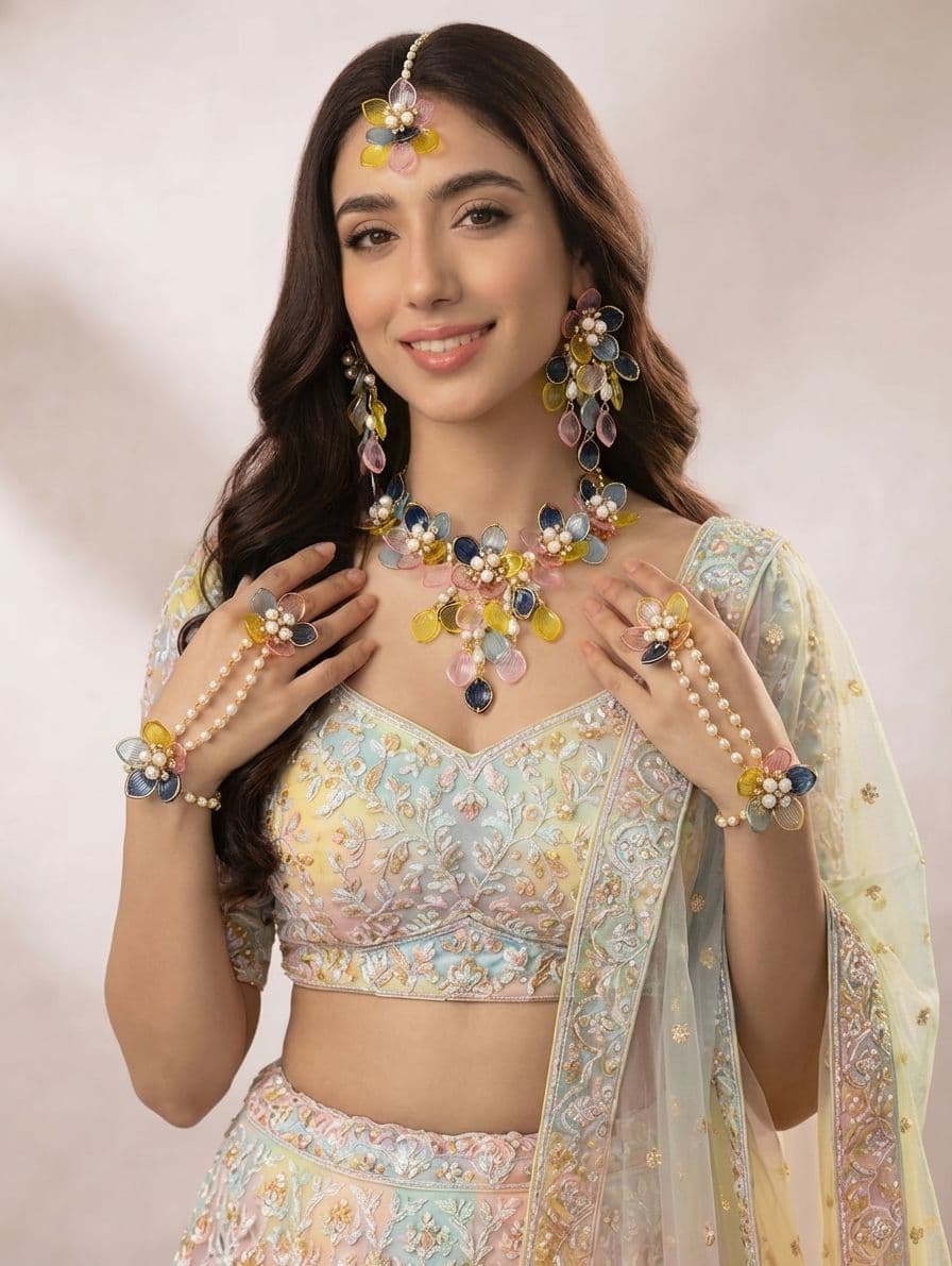 Floral Hues: Blue, Pink & Yellow Resin Carnival Bridal Jewellery Set for Haldi-Mehndi Celebration