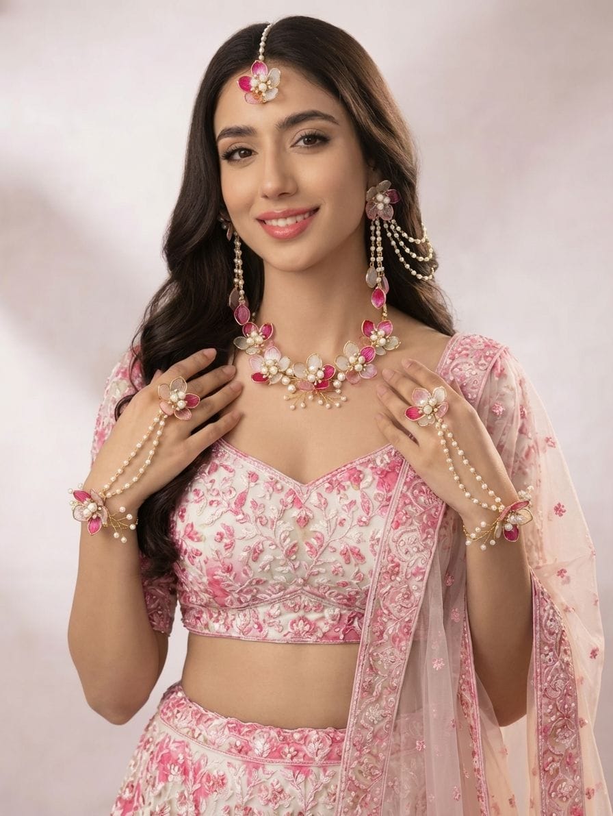 Handmade Bridal Green-Pink Floral Resin Jewellery for Haldi & Mehndi