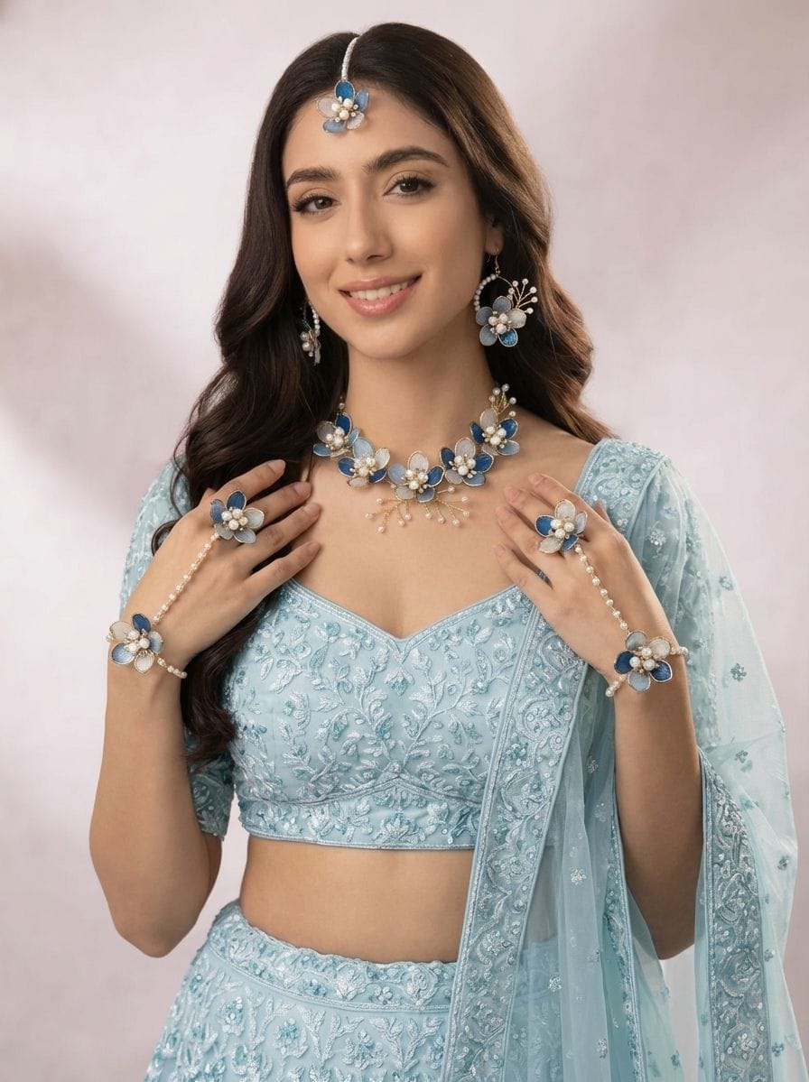 Handmade Resin Carnival Blue Floral Jewellery Set - Perfect For Bridal Haldi & Mehndi Ceremony