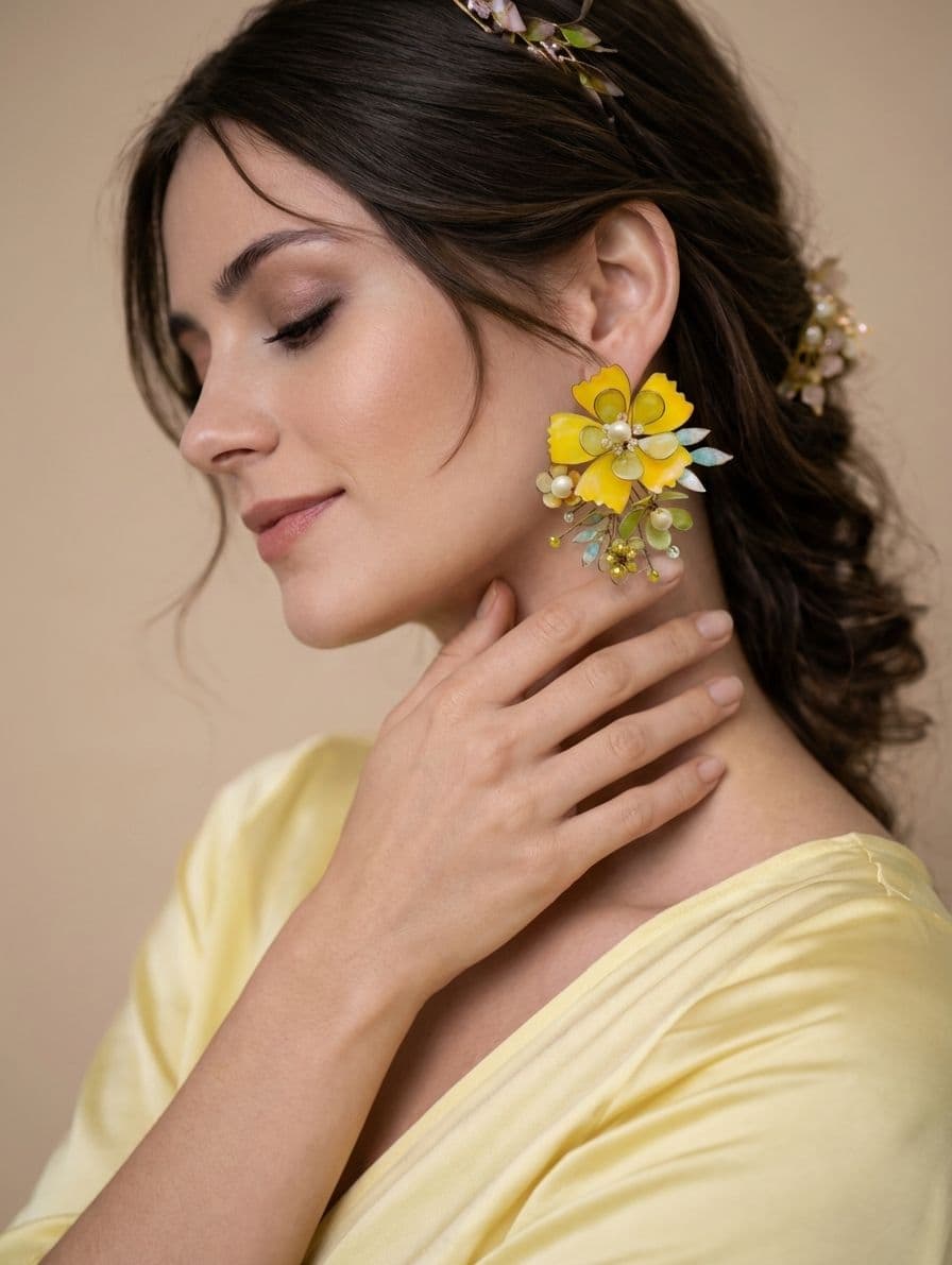Yellow Floral Resin Pearl Earrings for Haldi Ceremony