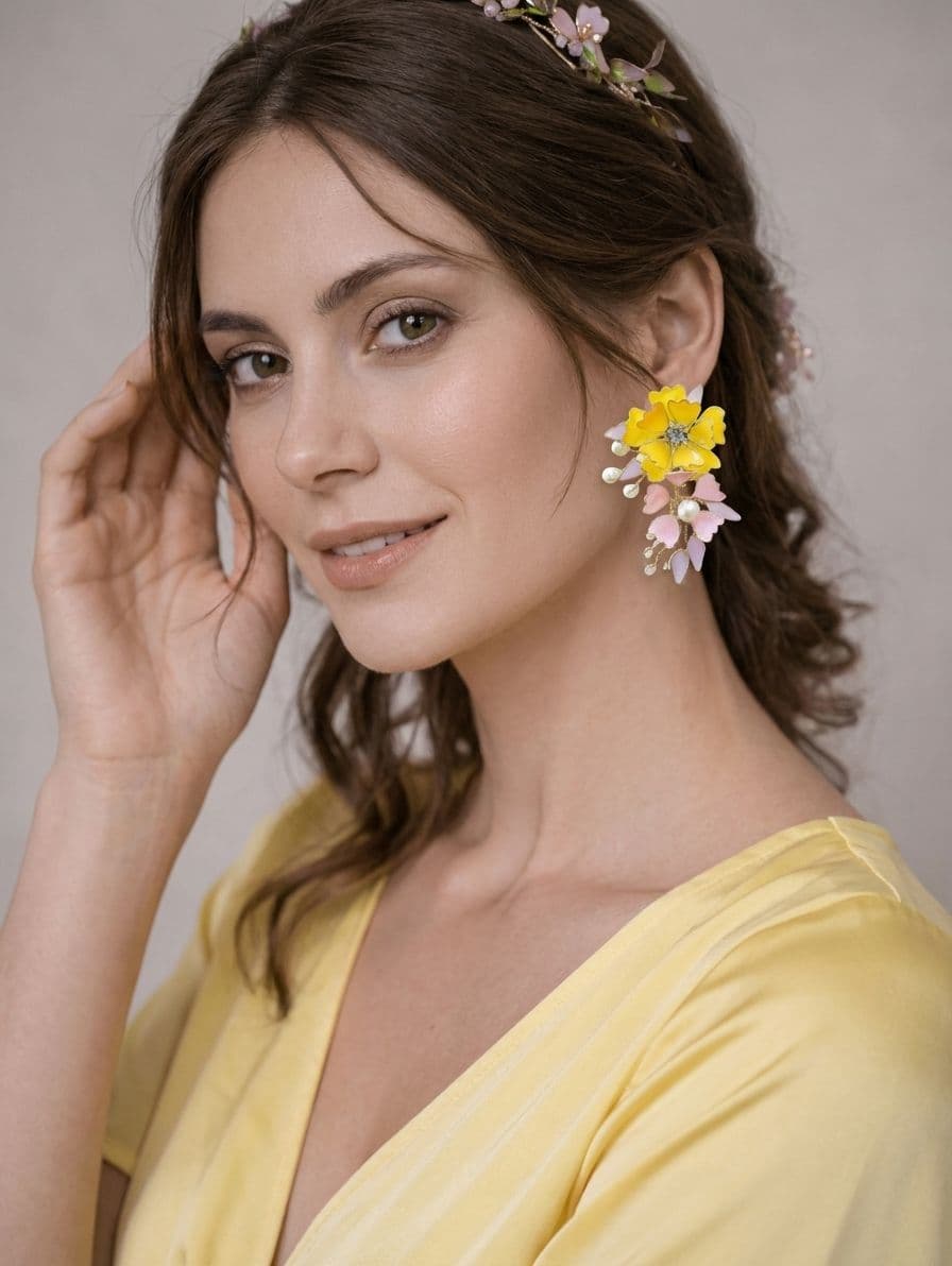 Yellow & Pastel Pink Floral Resin Pearl Earrings for Women