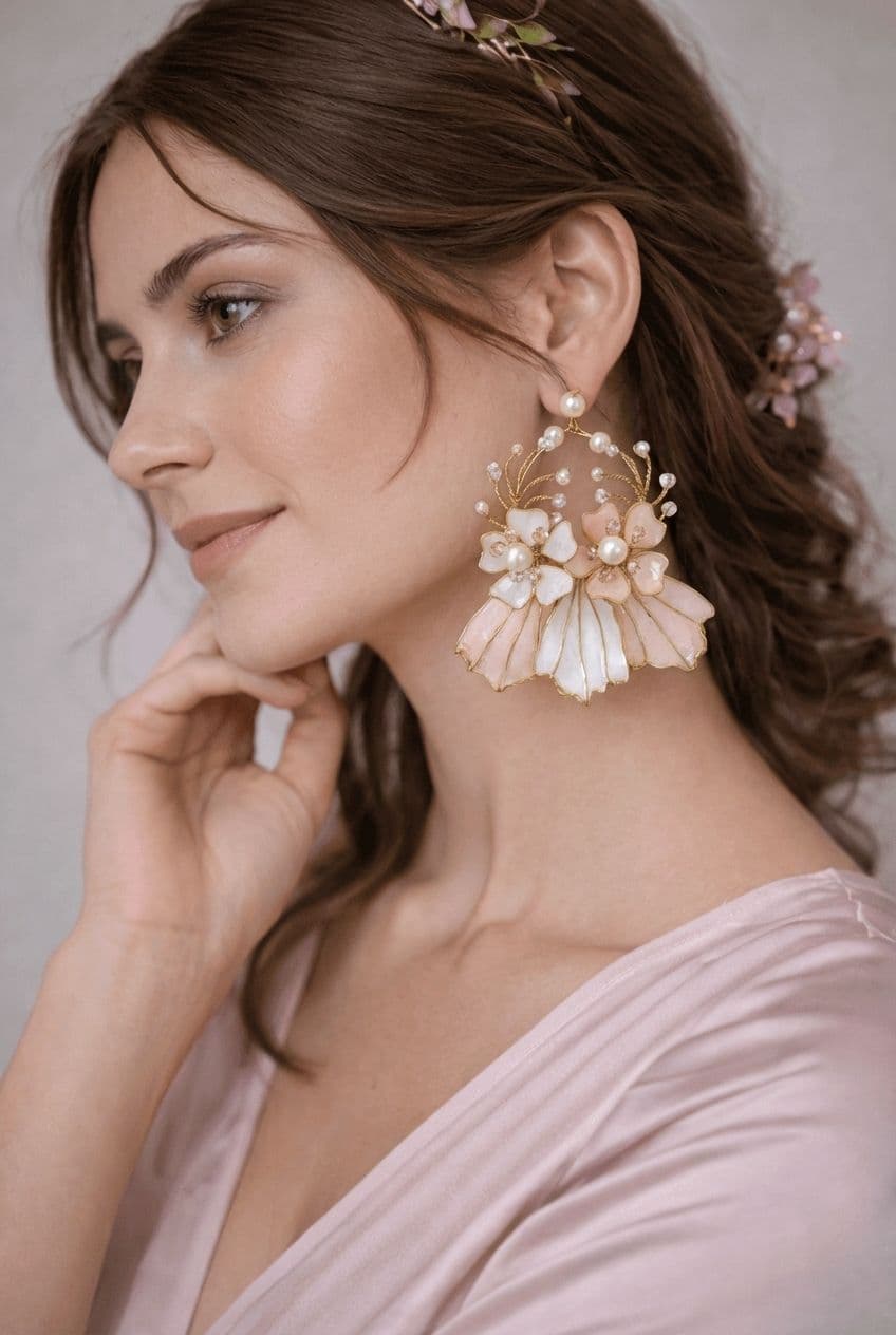 Blush Pink & White Floral Resin Pearl Earrings for Women
