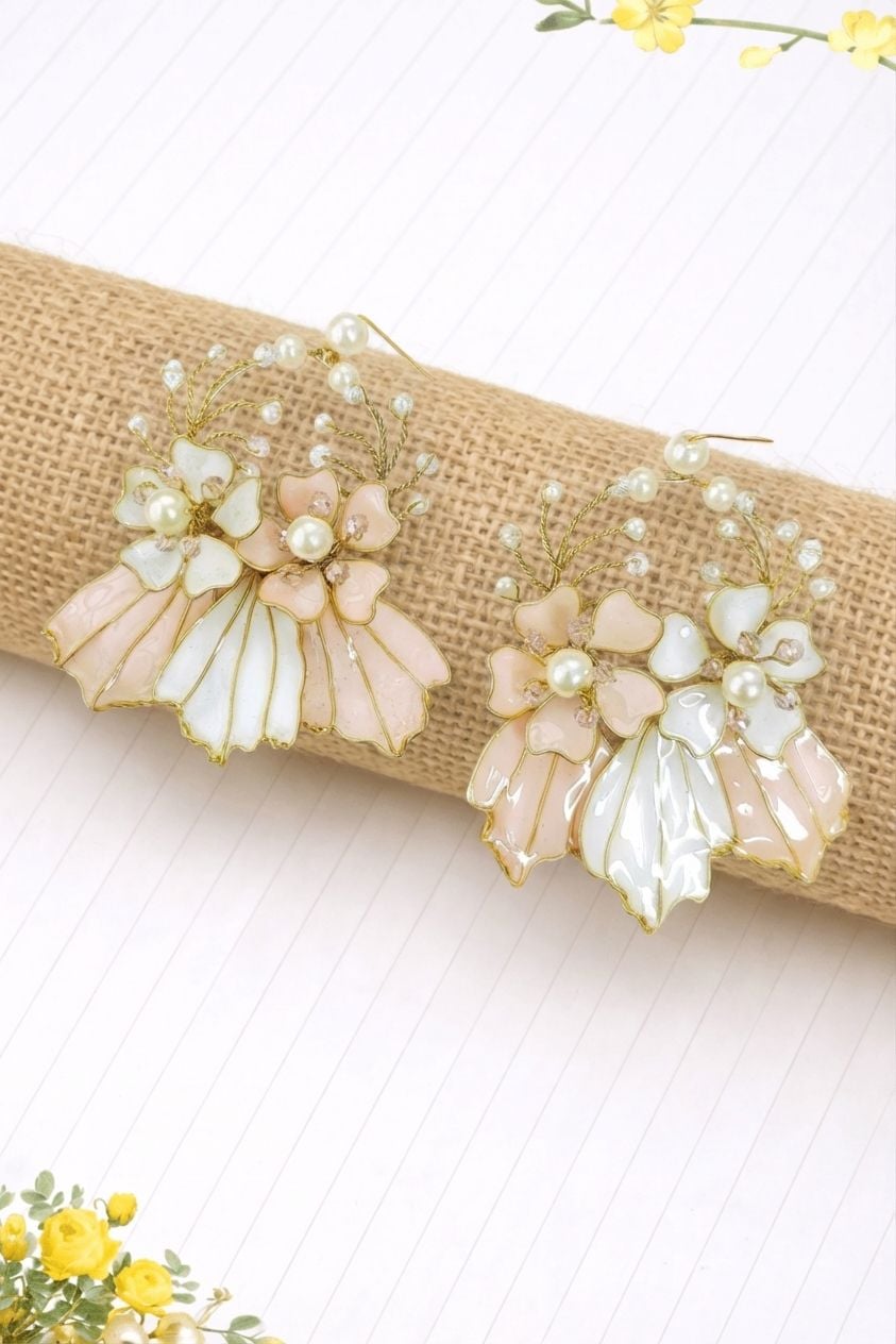 Blush Pink & White Floral Resin Pearl Earrings for Women