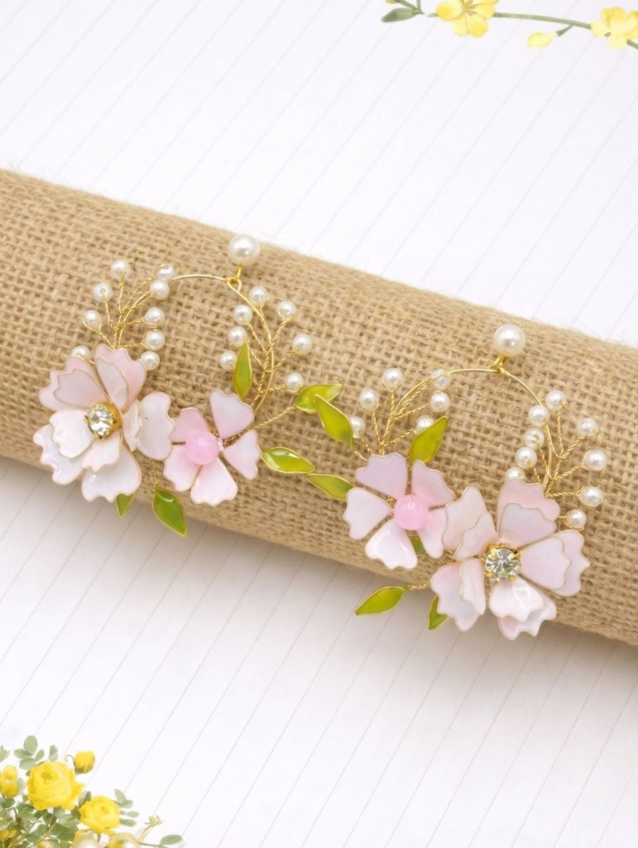 Blossom Bliss: Light Pink Floral Bridal Jewellery Set in Gold Plating