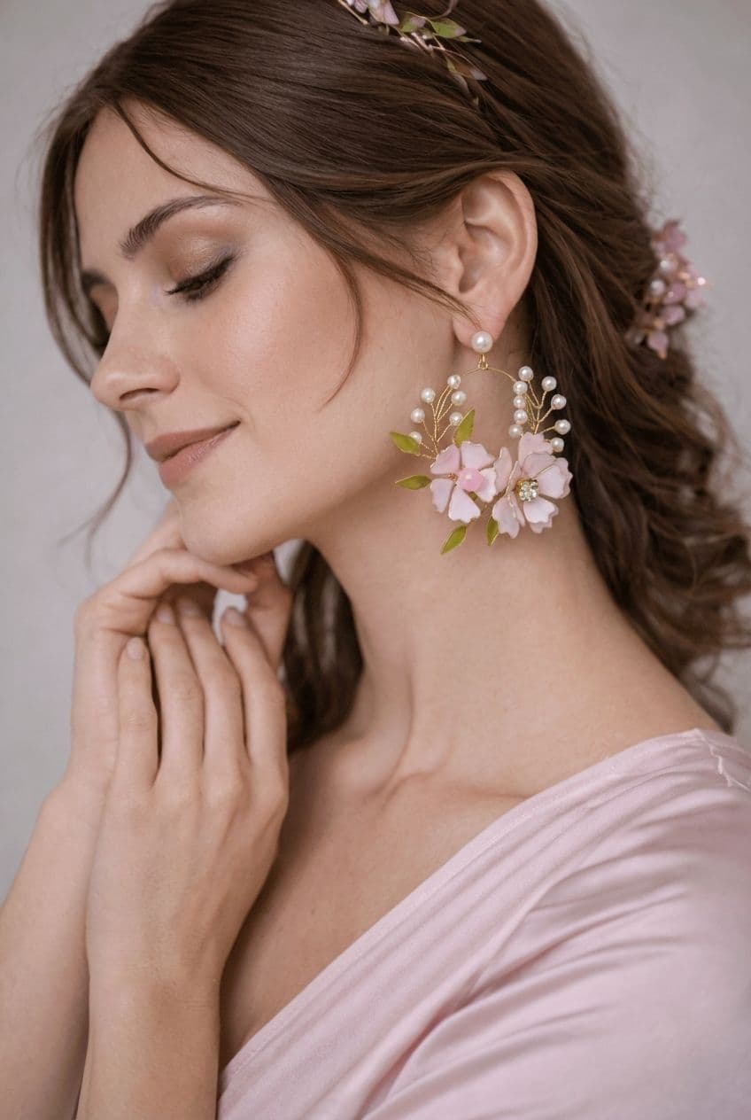 Blossom Bliss: Light Pink Floral Bridal Jewellery Set in Gold Plating