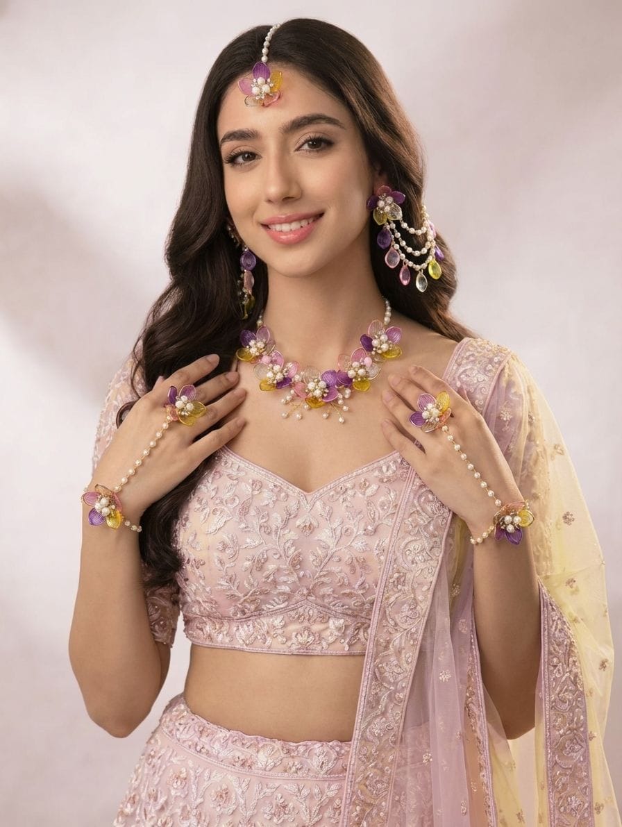 Yellow-Pink Acrylic Flowers Jewelry: Bridal and Haldi-Mehndi Carnival Collection
