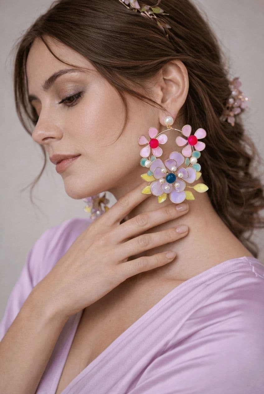 Multicolor Floral Resin Statement Earrings with Pearls for Women