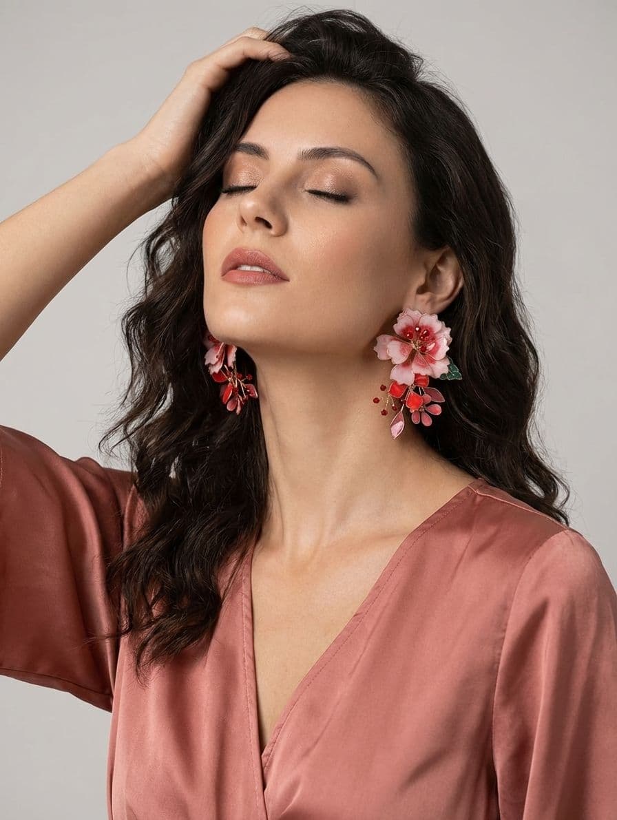 Pink Blossom Resin Art Haldi Drop Earrings in Luxe Pink-Wine Red