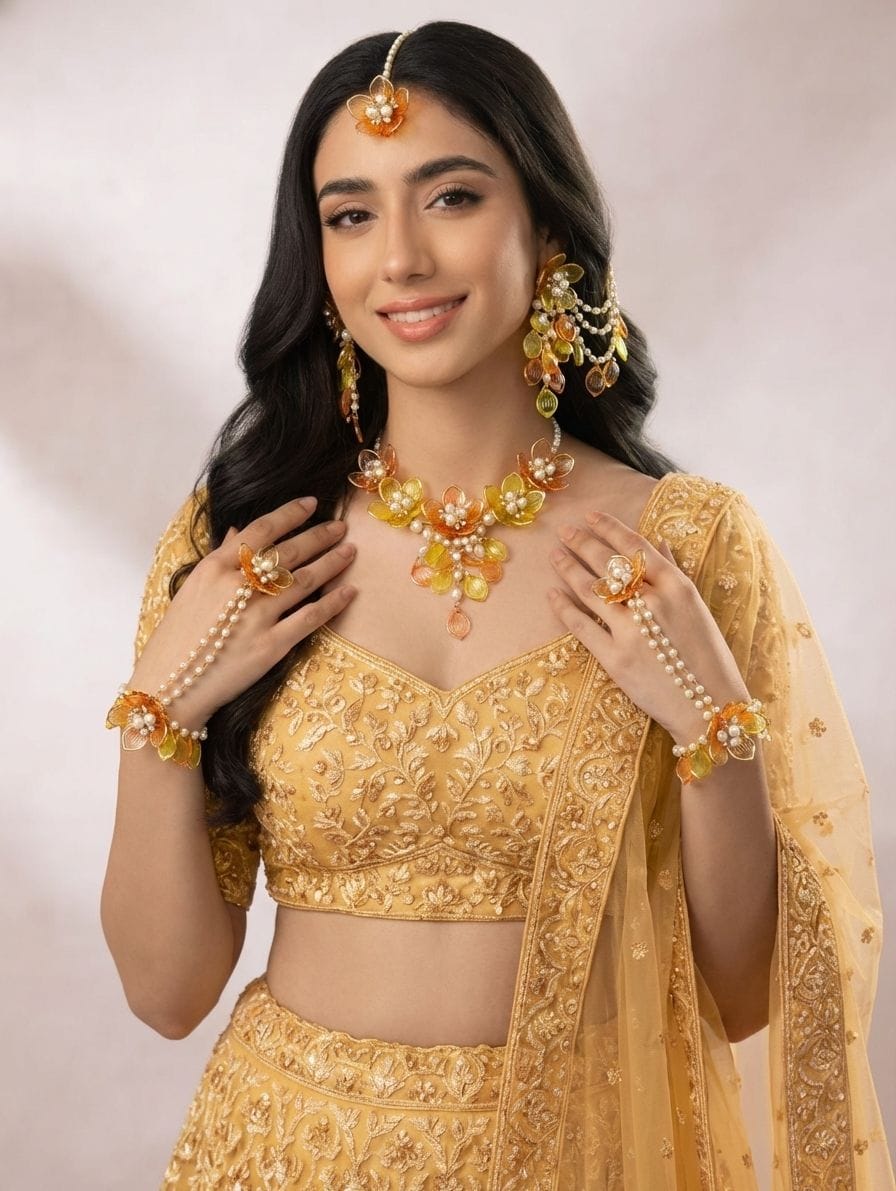 Ornate Haldi-Mehendi Floral Ensemble - Orange Dulhan Jewellery Set for Green Saree
